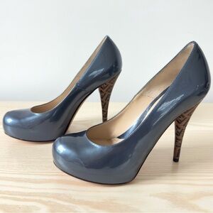 Fendi Patent Leather Logo Heel Hidden Platform Blue Pumps Heels Vintage Size 8